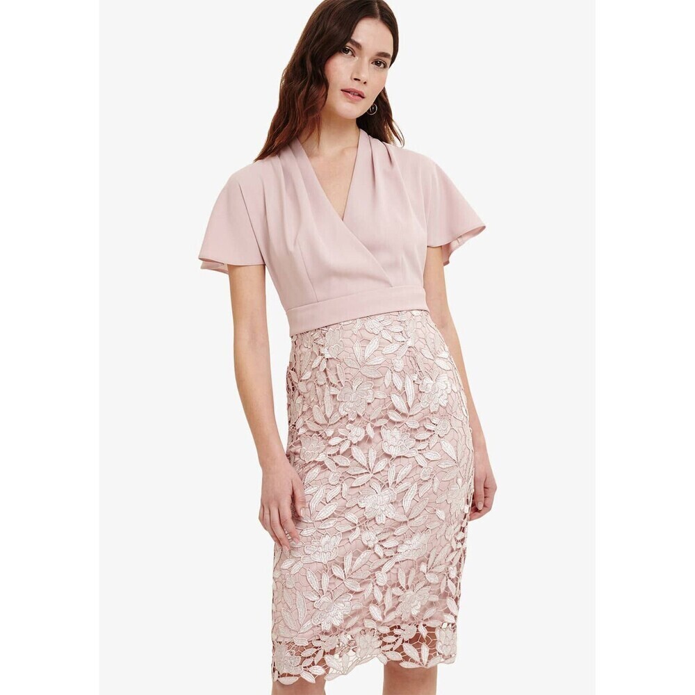 Phase Eight- Blush Lace Sheath Dress - Women's Elegant V-Neck